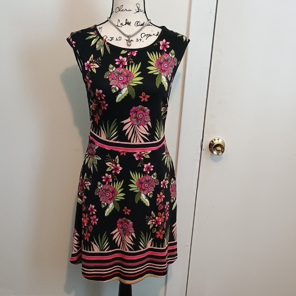 Pink and Green A-Line Mini Dress Sleeveless Crew Neck